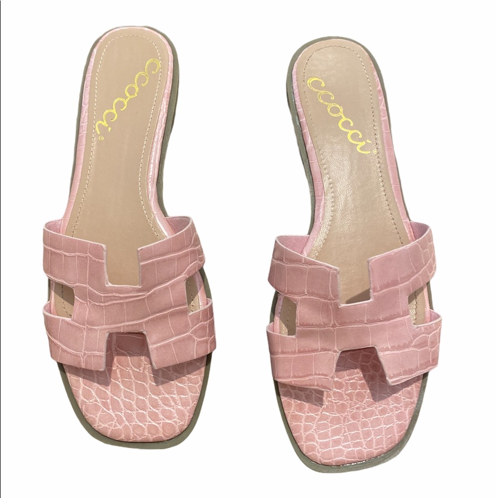 Pink faux snake skin sandals with H straps. Worn 1